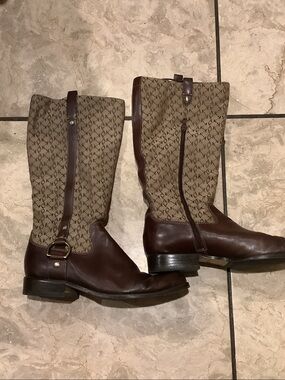 Anne Klein Brown Leather & Logo Canvas Riding Boots